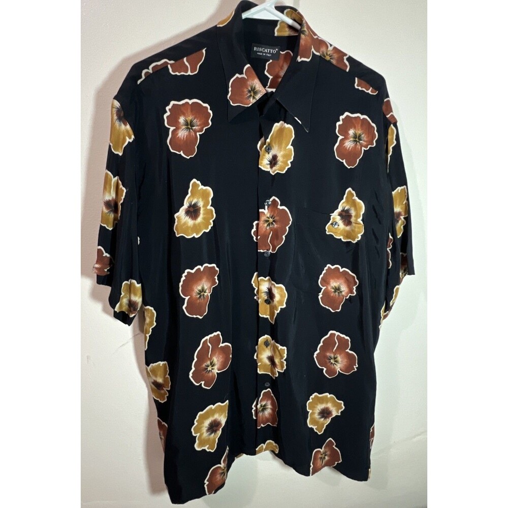 Riscatto Men Large Black w/ Leaves Made in Italy‎ Rayon Short Sleeve Shirt